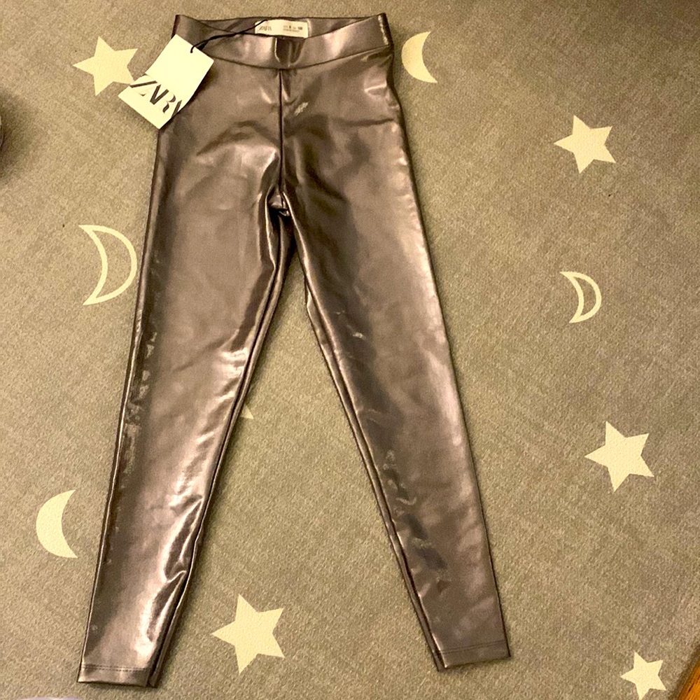 ZARA girls metallic pewter leggings sz 8 super shiny